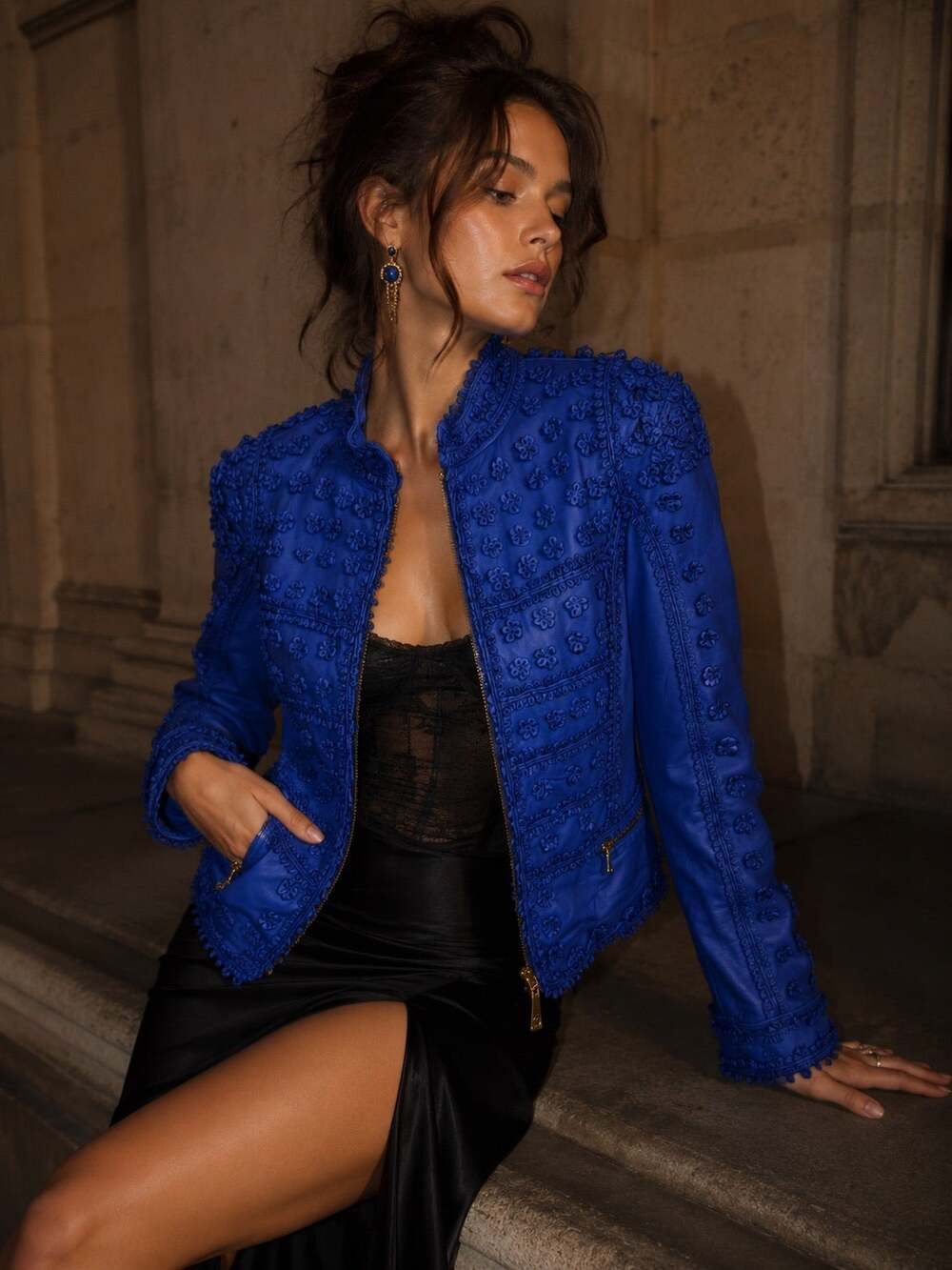 Vintage Roberto Cavalli Y2K Cobalt Blue Embellished Leather Jacket Appliqué 6 42